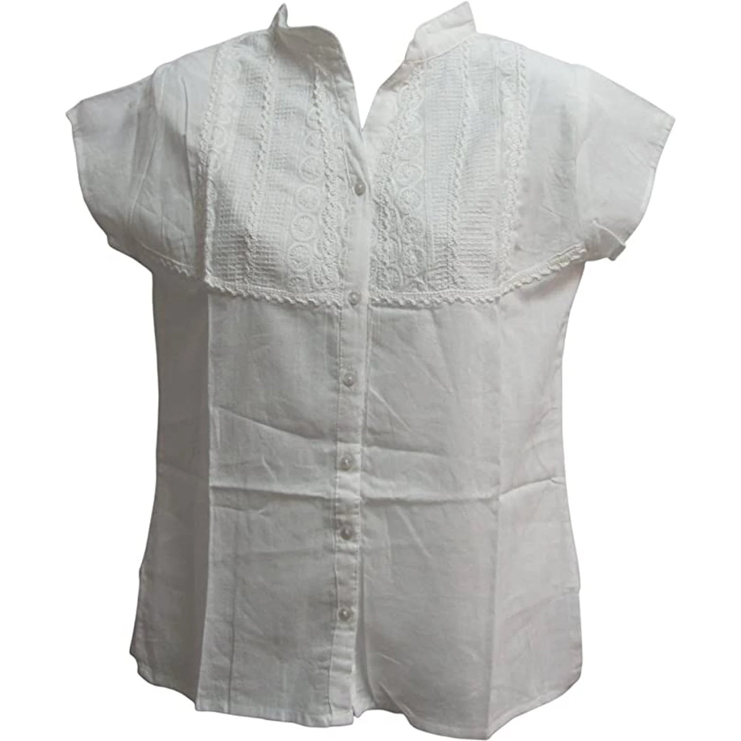 White Indian Gauze Cotton Short-Sleeve Embroidered Lace Button Up Blouse Top No8