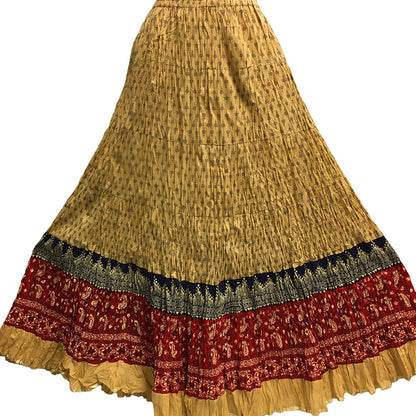 Crinkled Indian Gauze Cotton Boho Block Printed Gypsy Long Maxi Skirt No111 (Beige/Red) - Ambali Fashion Skirts 