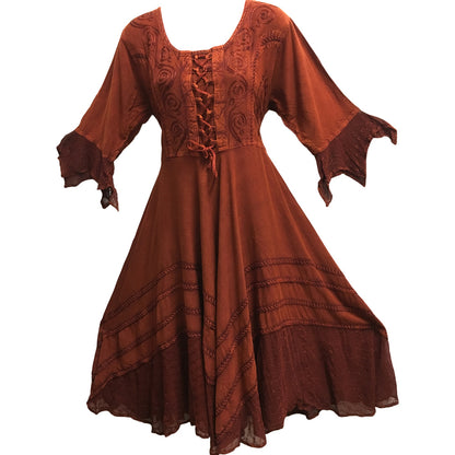 Missy Plus Embroidered Boho Renaissance Stonewashed Bell Sleeve Long Dress - Ambali Fashion Dresses 
