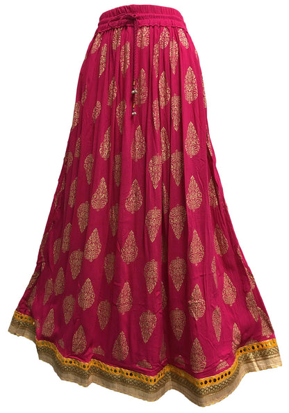 Women's Indian Ethnic Print Shimmering Crinkle Bohemian Long Skirt w/ Gold Border - Ambali Fashion Skirts broomstick