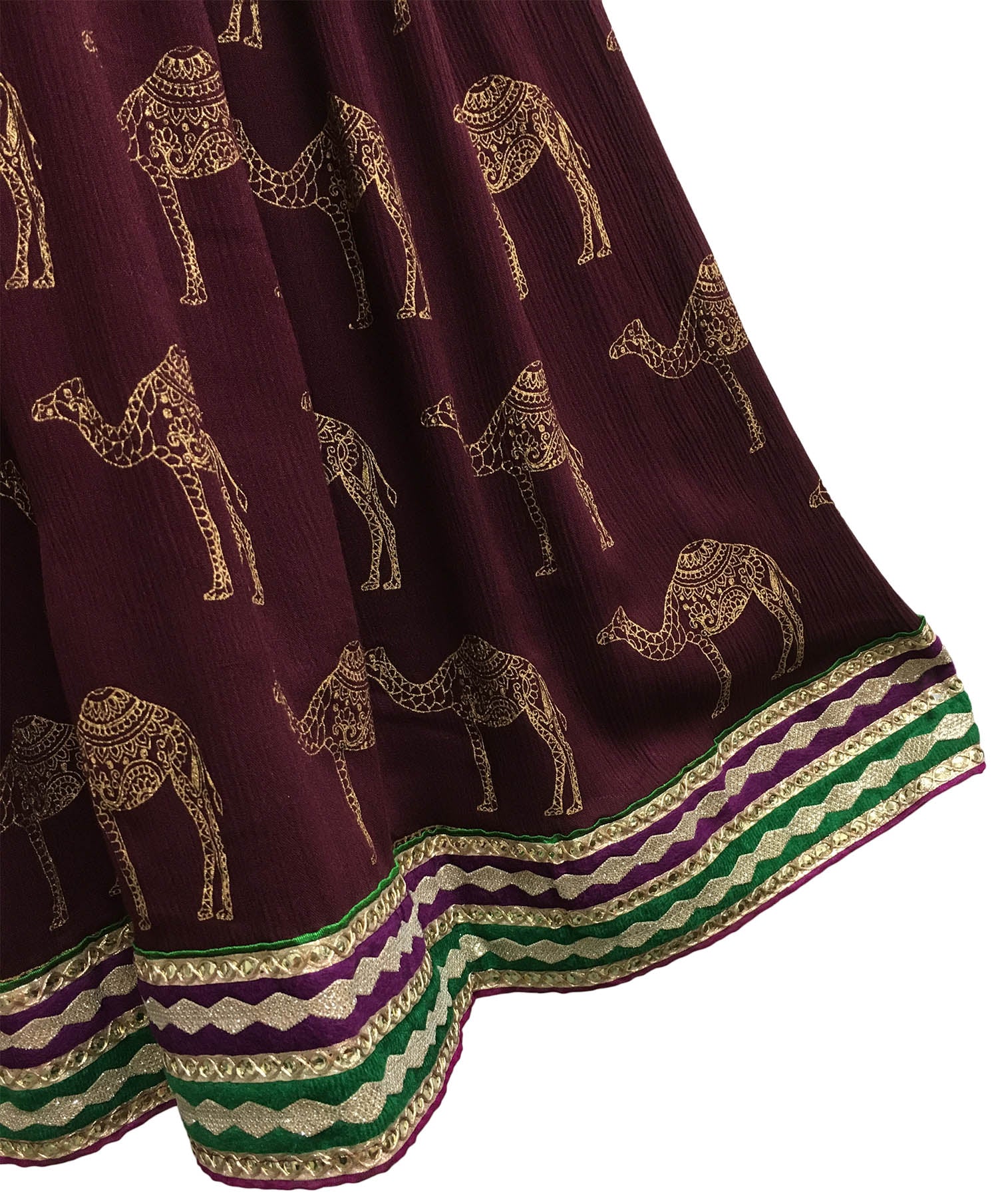 Women's Indian Ethnic Print Shimmering Crinkle Bohemian Long Skirt w/ Gold Border - Ambali Fashion Skirts broomstick