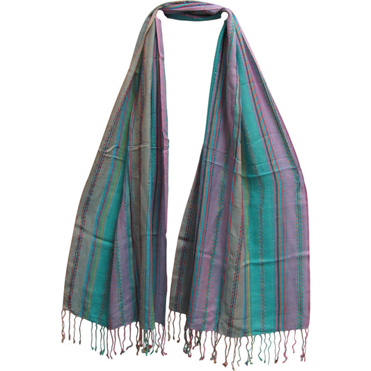 Striped Multicolor Woven Fringed Yoga Organic Cotton Scarf (#13) - Ambali Fashion Cotton Scarves accessory, bohemian, casual, ethnic, gypsy, hippie, shawl, stole, trendy, unisex, woven, wrap