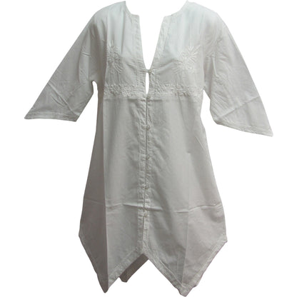 Indian Gauze Cotton Hand Embroidered Long White Tunic Blouse #14 - Ambali Fashion Blouses 