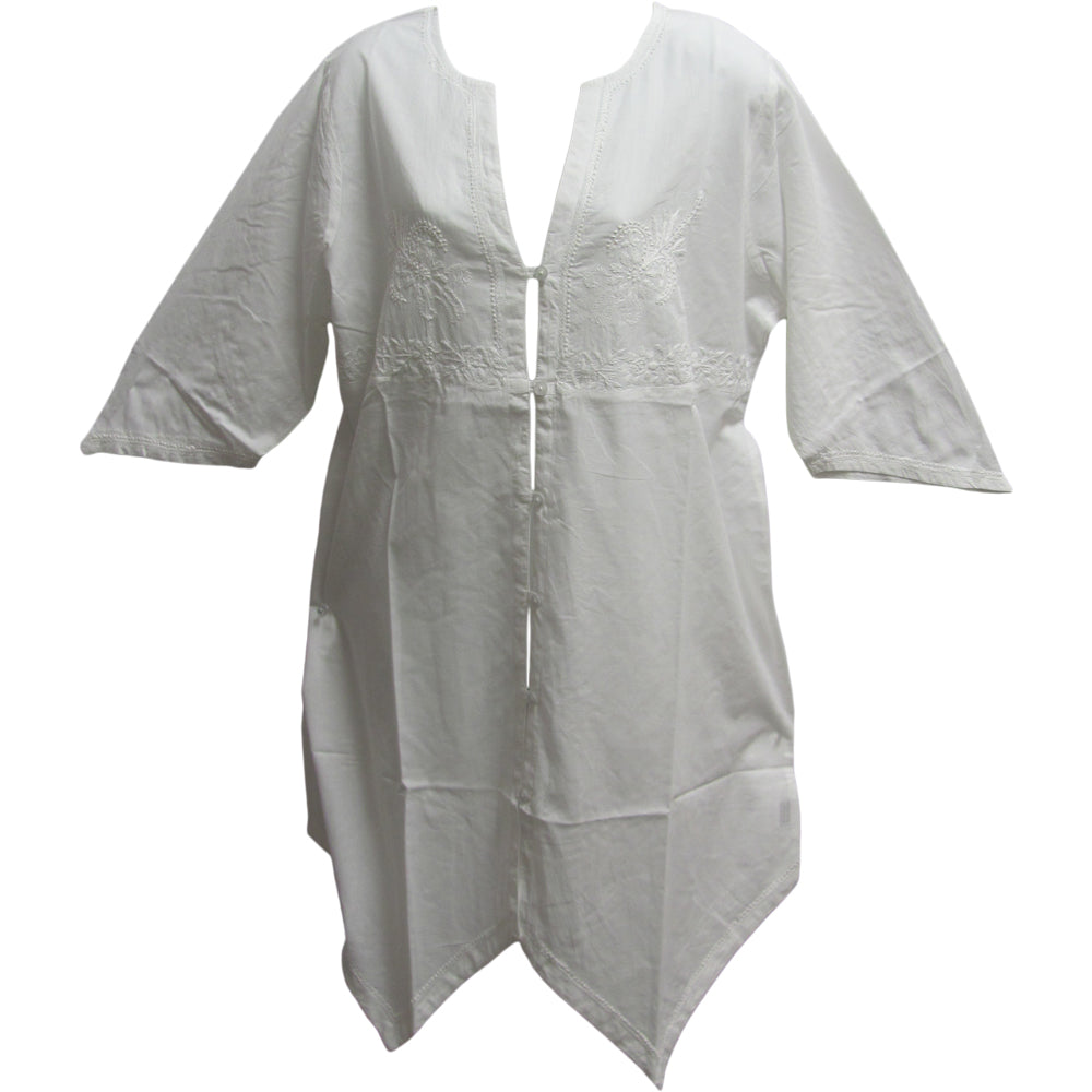 Indian Gauze Cotton Hand Embroidered Long White Tunic Blouse #14 - Ambali Fashion Blouses 