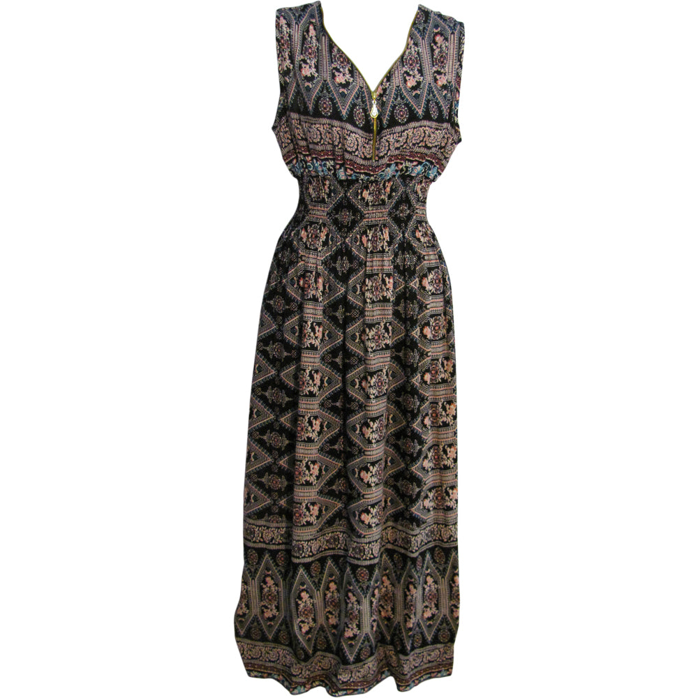 Ethnic Tribal Print Sleeveless Long Dress | Smocked Waist Boho Statement Maxi USA Ambali Fashion Ethnic Tribal Print Sleeveless Long Dress | Smocked Waist Boho Statement Maxi USA Ambali Fashion