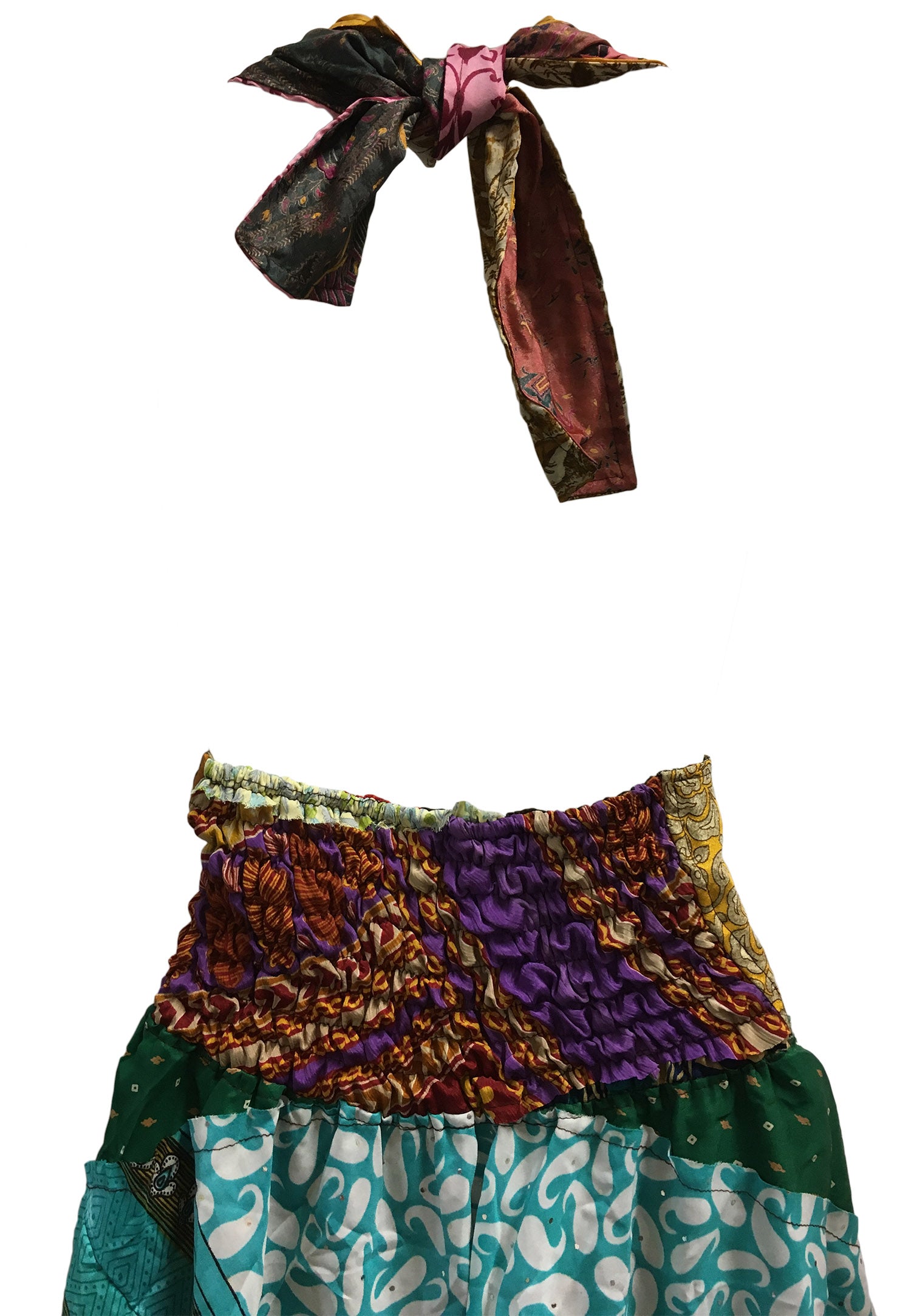 Boho Handmade Patchwork Halter Neck Indian Silk Sari Long Dress - Ambali Fashion Dresses 