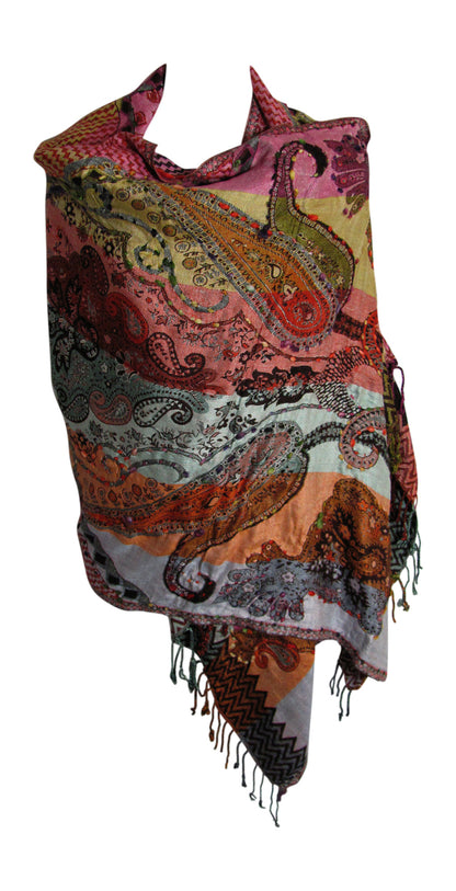 Ethnic Paisley Embroidered Reversible Indian Pashmina Shawl Stole Sonali Assortment - Ambali Fashion Scarves accessory, bohemian, boho, casual, classic, ethnic, gypsy, hippie, shawl, stole, t