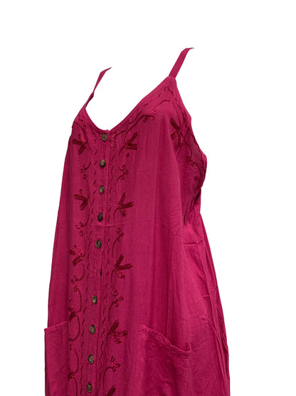 Stonewashed Embroidered Sleeveless Two Pocket Boho Cami Shift Dress Leela