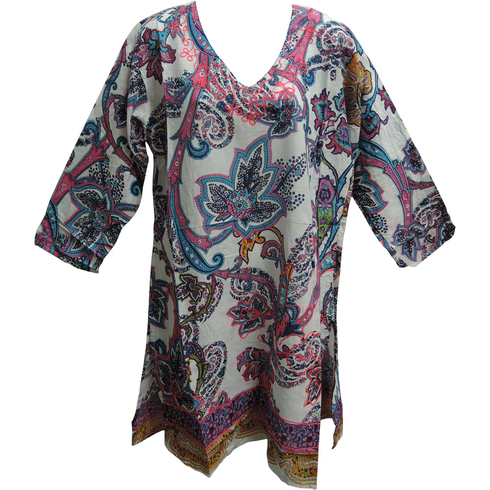 Indian Cotton Bohemian Multicolor Paisley Floral Long Tunic Top - Ambali Fashion Blouses 