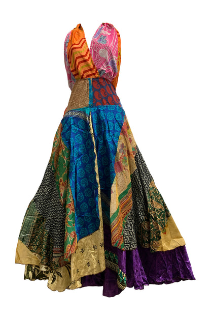 Boho Handmade Patchwork Halter Neck Indian Silk Sari Long Dress - Ambali Fashion Dresses 