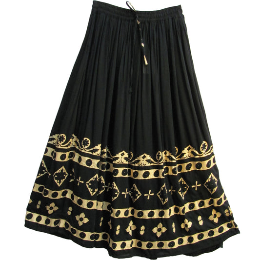 Black/Gold Crinkle Indian Paisley Long Broomstick Belly Dance Skirt #36 - Ambali Fashion Skirts bohemian, casual, ethnic, gypsy, hippie, maternity, traditional, trendy