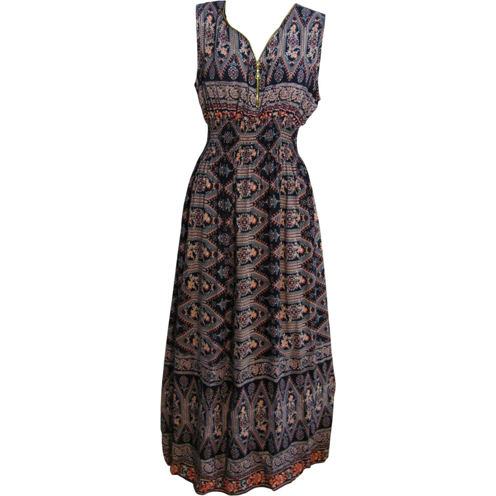 Ethnic Tribal Print Smocked Waist A-Line Zippered V-Neckline Sleeveless Long Dress - Ambali Fashion Dresses 