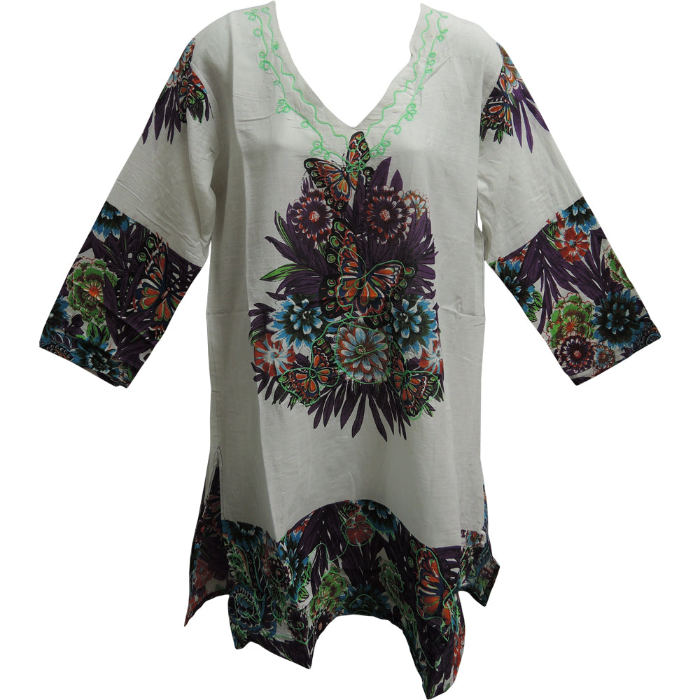 Indian Cotton Bohemian Multicolor Paisley Floral Long Tunic Top - Ambali Fashion Blouses 