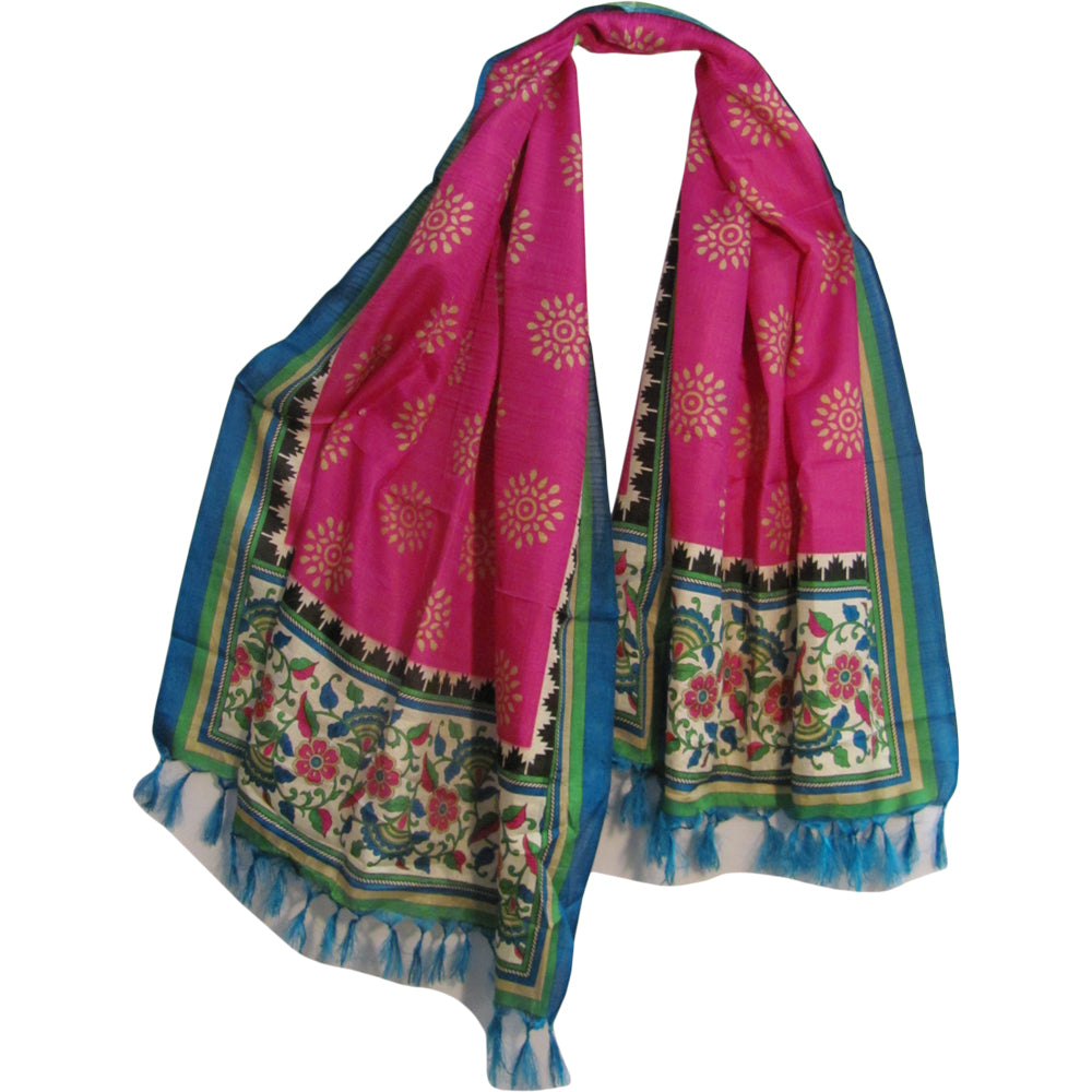 Indian Silk Paisley Border Print Fringed Long LARGE Scarf Shawl Wrap Stole - Ambali Fashion Silk Scarves casual, classic, decoration, indian, shawl, sixties, stole, wrap