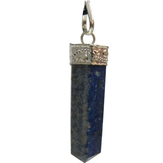 Lapis Lazuli Powerful Energy Pointed Pencil Hexagonal Crystal Pendant w/ Gift Pouch - Ambali Fashion Pendants accessory, bohemian, boho, casual, eastern, ethnic, gypsy, hippie, indian, medita