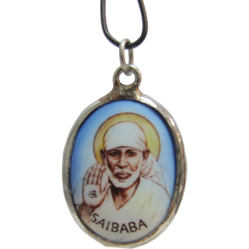 Shirdi Sai Baba Reversible Om Enameled Oval White Metal Pendant - Ambali Fashion Pendants accessory, bohemian, boho, ethnic, gypsy, hippie, india, meditation, new age, pendant, traditional, t