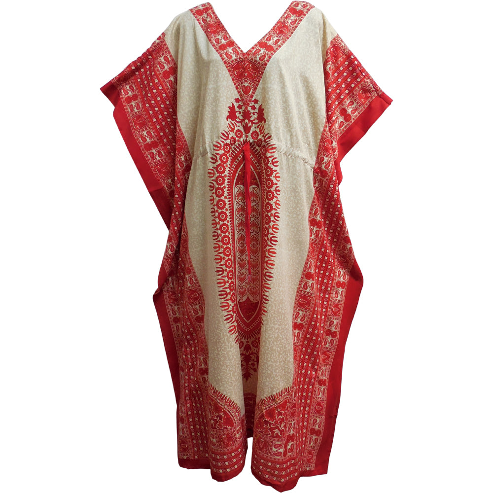 Bohemian Hippie Gypsy Chic Crepe Caftan Cover Up #52 Beige & Red - Ambali Fashion Caftans and Coverups 