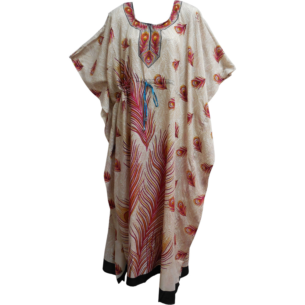 Bohemian Hippie Gypsy Chic Crepe Caftan Cover Up #53 Beige/Pink Peacock - Ambali Fashion Caftans and Coverups beach, beachwear, bohemian, boho, coverlet, ethnic, exotic, hippie, india, loose,
