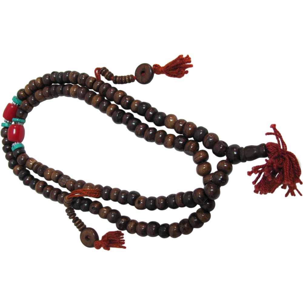 Tibetan 108ct Brown Bone & Turquoise & Coral Japa Mala Yoga Prayer Bead Necklace - Ambali Fashion Necklaces accessory, bohemian, boho, ethnic, gypsy, hippie, indian, meditation, necklace, new
