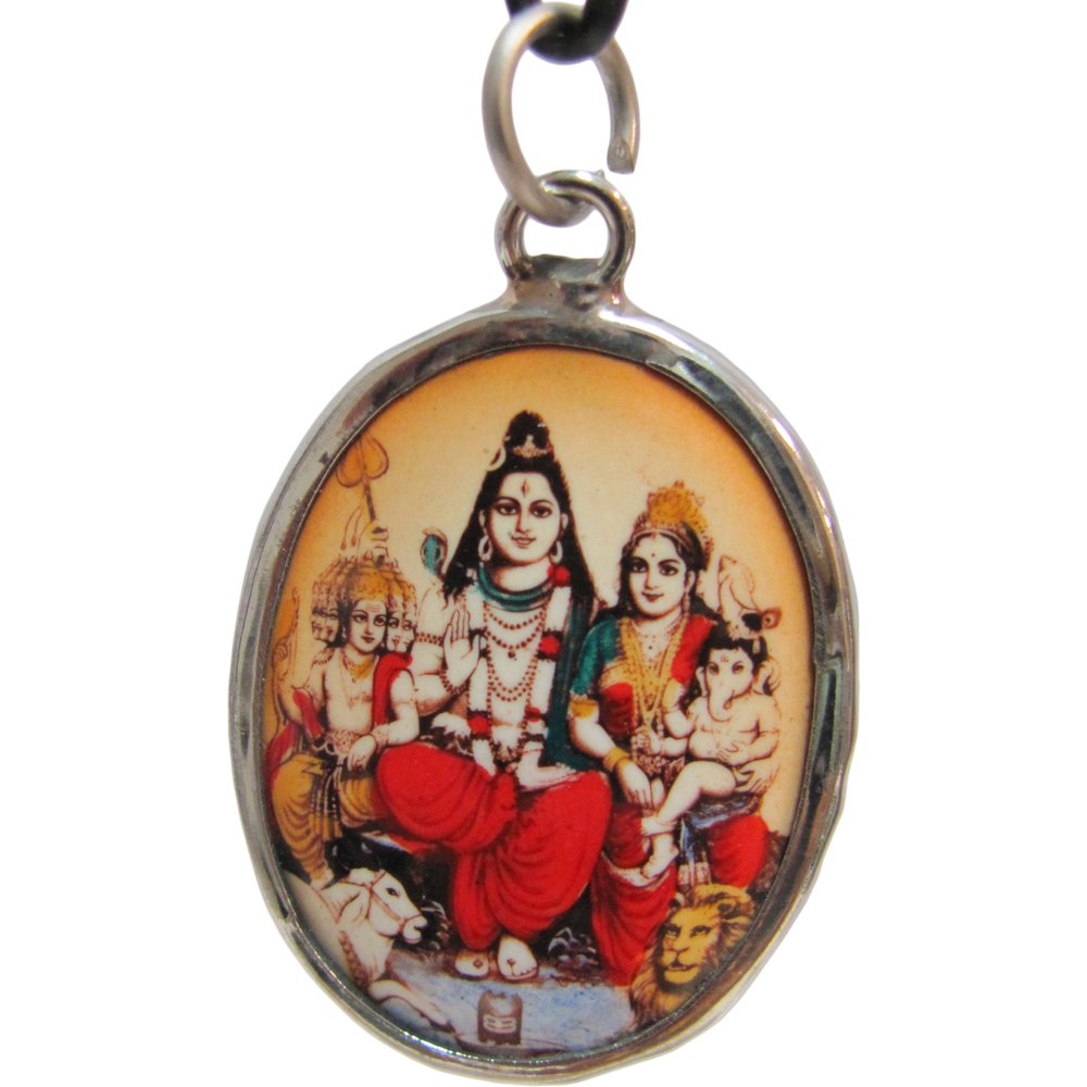 Shiva Parvati Family Reversible Om Enameled Oval Fancy White Metal Pendant - Ambali Fashion Pendants accessory, bohemian, boho, eastern, ethnic, gypsy, hippie, india, indian, new age, pendant