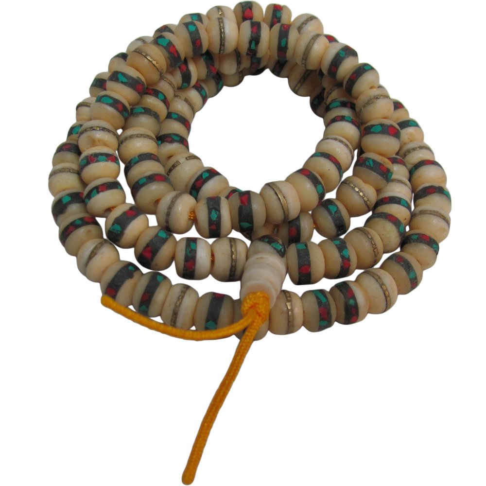 Tibetan Yak Bone Turquoise & Coral Inlaid Medicine Mala Prayer Bead Necklace - Ambali Fashion Necklaces accessory, bohemian, casual, eastern, energy, ethnic, fair trade, gypsy, handmade, heal