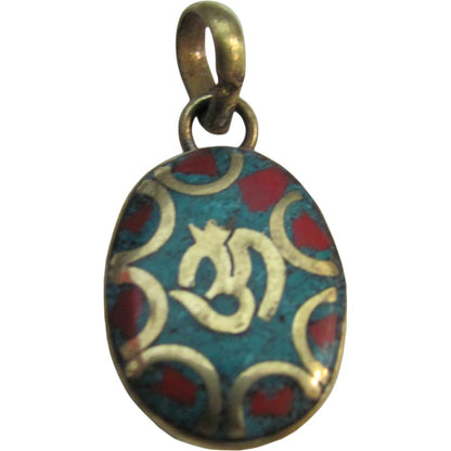 Yoga Meditation Hindu Turquoise Coral Inlay Brass Om Necklace Pendant w/ Pouch - Ambali Fashion Pendants accessory, bohemian, boho, ethnic, gypsy, hippie, indian, new age, pendant, sixties, t