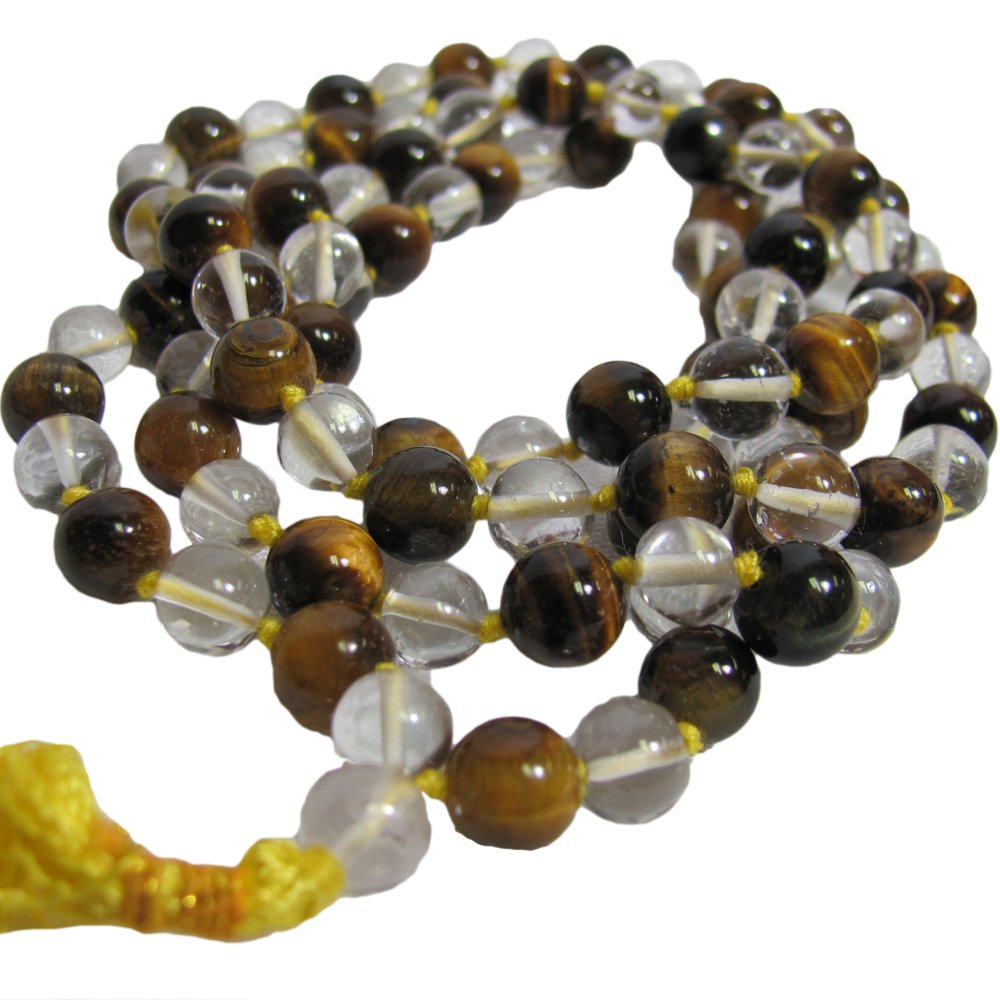 Handmade Tiger's Eye & Sphatik Quartz Yoga Prayer Mala Crystal Bead Necklace - Ambali Fashion Necklaces accessory, bead, casual, designer, ethnic, exotic, indian, meditation, necklace, rosary