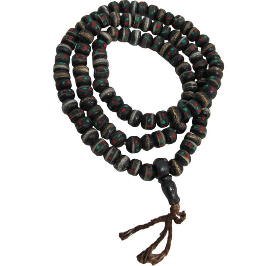 Tibetan Earth-Tone Yak Bone Medicine Turquoise & Coral Mala Prayer Bead Necklace - Ambali Fashion Necklaces accessory, bohemian, casual, chakra, eastern, energy, ethnic, gypsy, healing, hippi