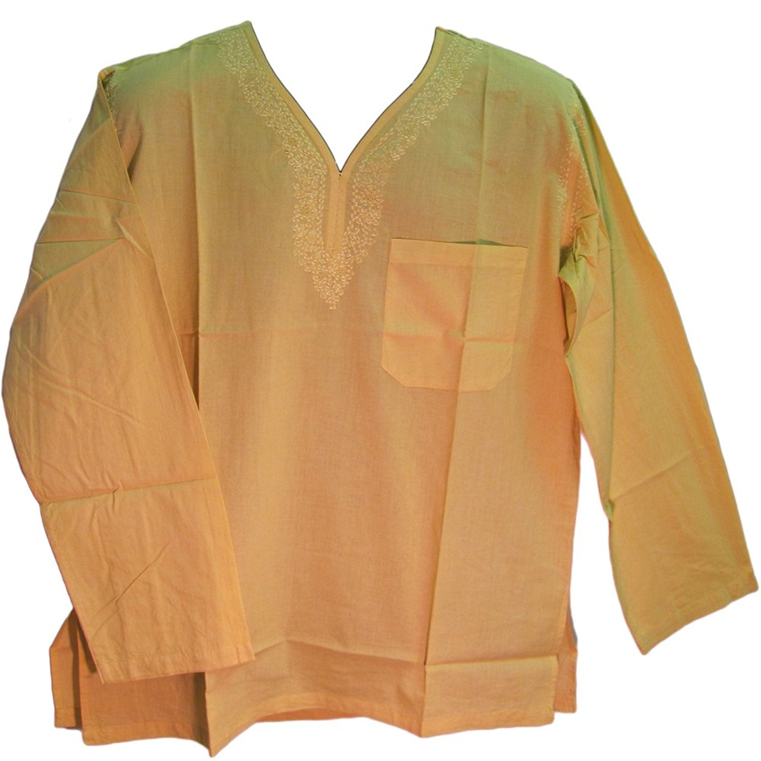 Men's Indian Cotton Embroidered V-neck Kurta Tan Long Sleeve Tunic Shirt - Ambali Fashion Men's Tunics 