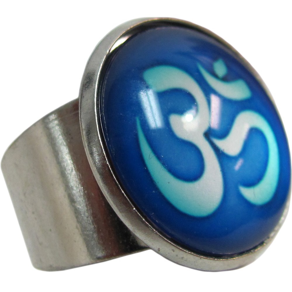Om/Ohm Yoga Meditation Sanskrit Blue Adjustable Fashion White Metal Ring - Ambali Fashion Rings accessory, bohemian, boho, casual, classic, eastern, ethnic, gypsy, hippie, indian, ring, trend