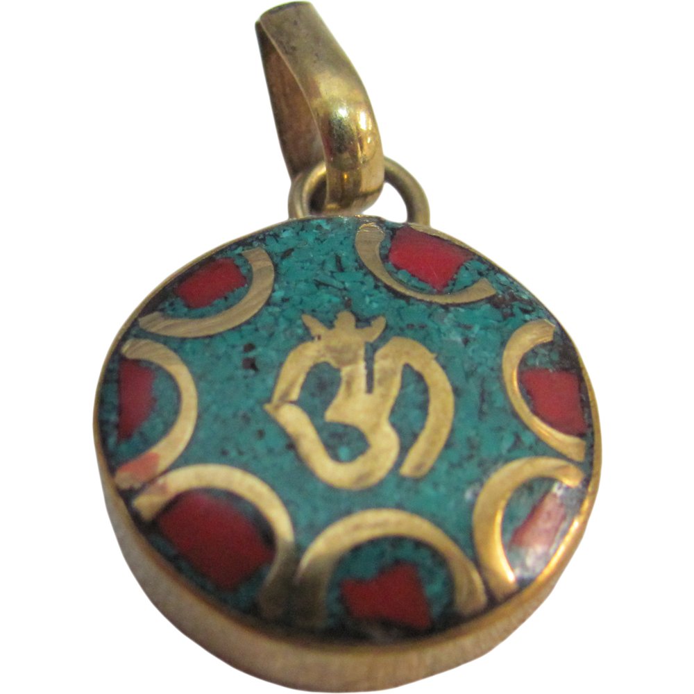 Yoga Meditation Hindu Turquoise & Coral Inlay Brass Om Necklace Pendant w/ Pouch - Ambali Fashion Pendants accessory, bohemian, boho, casual, ethnic, gypsy, hippie, meditation, new age, sixti