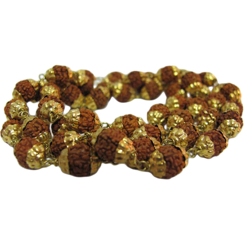 54ct Gold-tone Metal Capped Rudraksha Prayer Yoga Meditation Shiva Mala Bead Necklace (8mm) - Ambali Fashion Necklaces accessory, bohemian, boho, casual, eastern, ethnic, gypsy, hippie, india