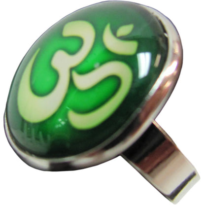 Om/Ohm Yoga Sanskrit Green Adjustable Fashion White Metal Ring - Ambali Fashion Rings accessory, bohemian, boho, casual, classic, eastern, ethnic, gypsy, hippie, indian, new age, ring, sixtie