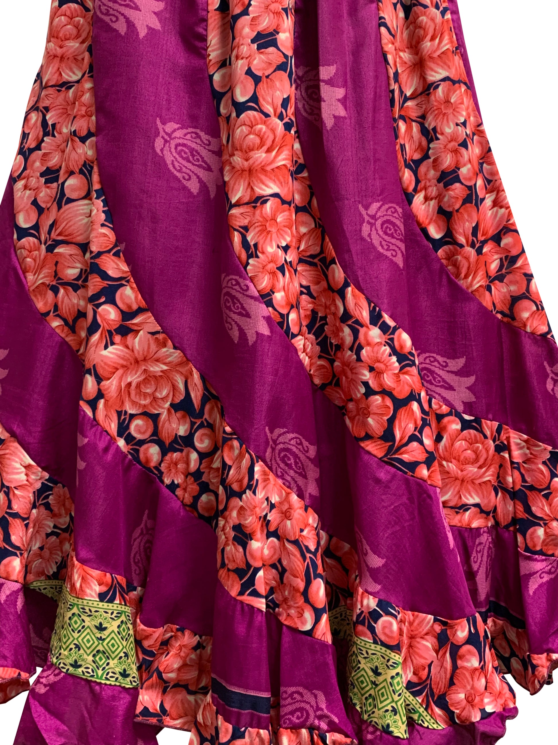 Boho Handmade Patchwork Fair Trade Indian Silk Sari Ruffled Long Skirt - Ambali Fashion Skirts bohemian, boho, casual, classic, ethnic, gypsy, hippie, indian, sixties, traditional, yoga