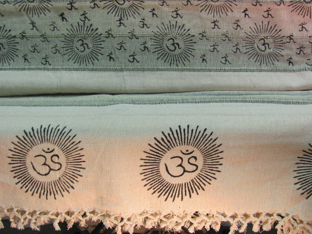 Indian Home Decor Bohemian Om Namah Shivay Sanskrit Cotton Ivory-Green Tab Top Curtain - Ambali Fashion Tapestries 