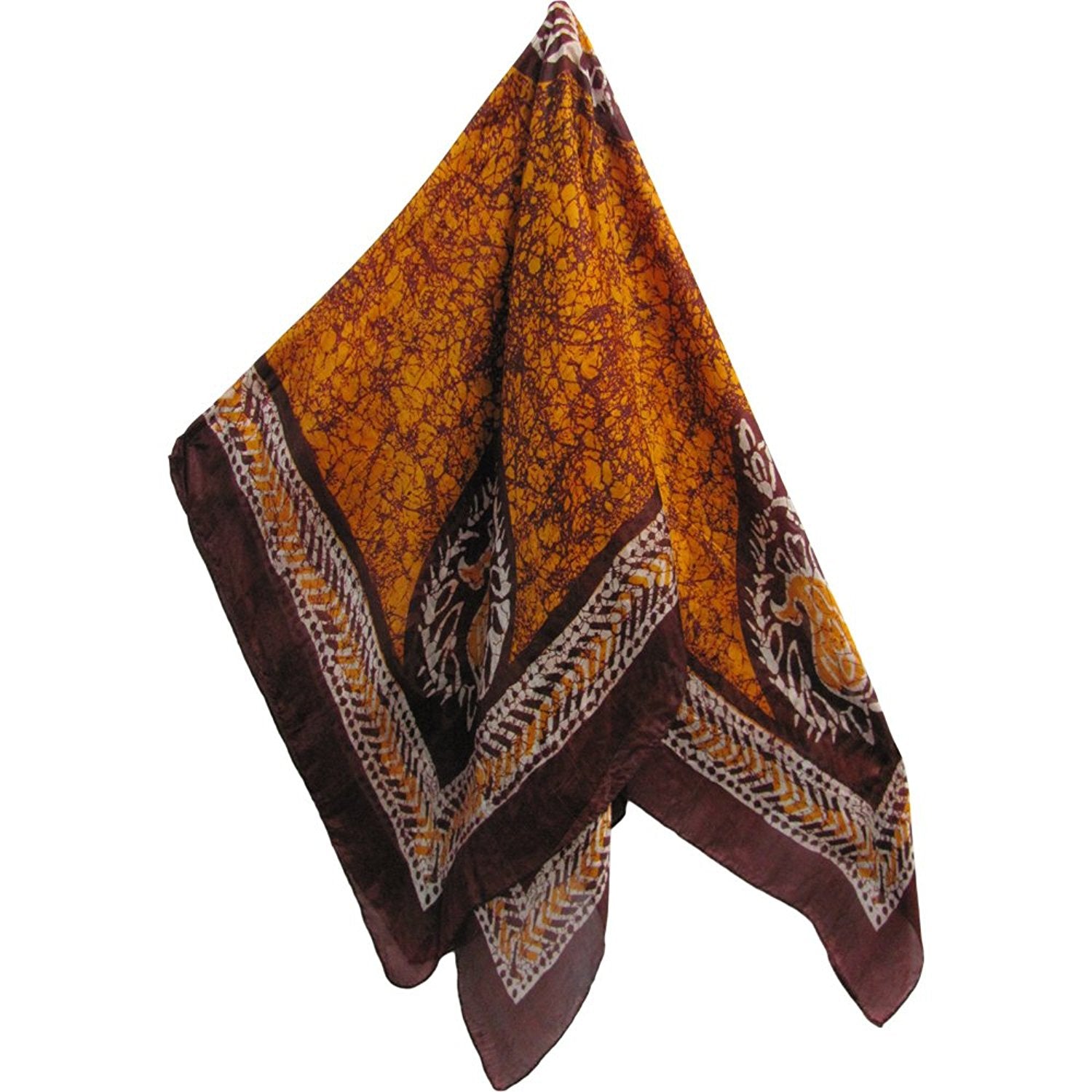 Gold & Brown Batik Print Indian Pure Silk Square Scarf Shawl (40" x 40") - Ambali Fashion Silk Scarves 