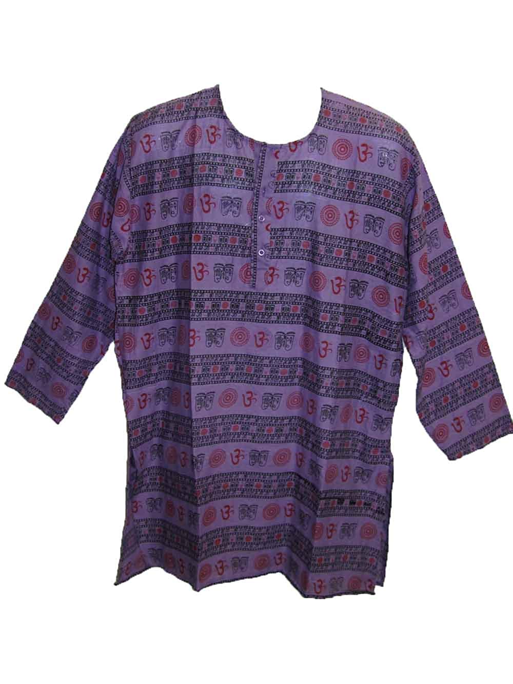 Mens Indian Bohemian Ethnic Purple & Red Sanskrit Om Block Print Kurta - Ambali Fashion Men's Shirts bohemian, boho, casual, eastern, ethnic, indian, meditation, new age, sixties, traditional