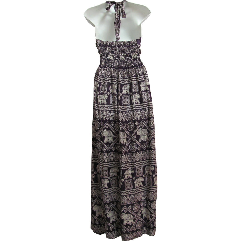 Halter Neck Elephant Print Bohemian Sleeveless Cotton Long Maxi Dress THNONA6 - Ambali Fashion Dresses 