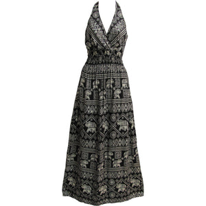 Halter Neck Elephant Print Bohemian Sleeveless Cotton Long Maxi Dress THNONA6 - Ambali Fashion Dresses 