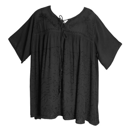 Missy Plus Bohemian Embroidered Short Sleeve Gauze Cotton Peasant Top Blouse - Ambali Fashion Blouses 