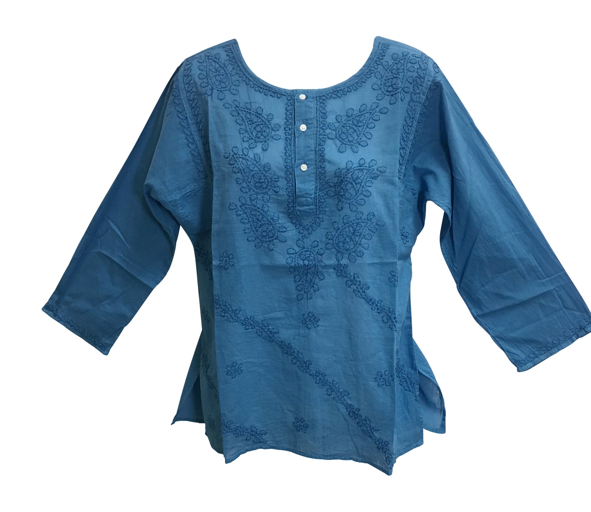 Classic Indian Gauze Cotton Embroidered Plus Sixties Long Sleeve Blouse Top - Ambali Fashion Blouses 