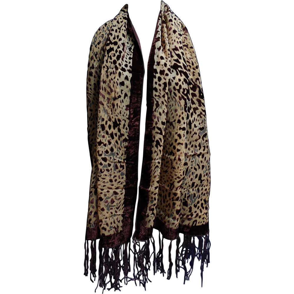 Burn Out Brown Velvet Border Fringed Lightweight Leopard Print Scarf Shawl Wrap - Ambali Fashion Evening Scarves 