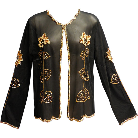 Missy Black Sequined Beaded Sheer Long Sleeve Evening Bolero Jacket Blouse Top (Gold) - Ambali Fashion Blouses 