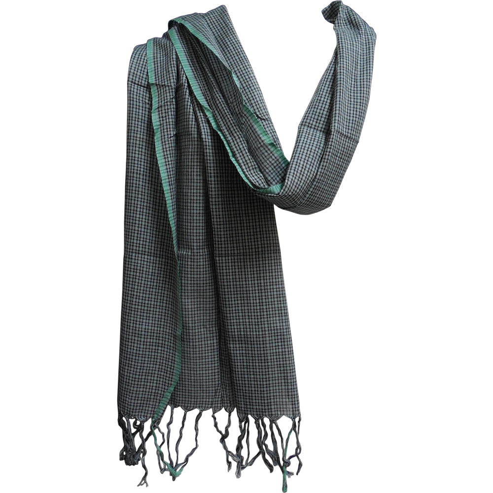 Indian Madras Cotton Yoga Checkered Fringed Gray Blue Plaid Scarf Muffler JK387 - Ambali Fashion Cotton Scarves accessory, casual, ethnic, gypsy, hippie, shawl, stole, trendy, unisex, wrap