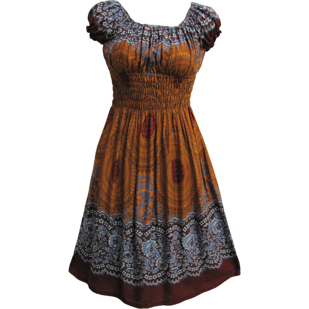 Mandala Print Mid-Length Smocked Puffed Cotton Short Sleeve Dress THNONA4 - Ambali Fashion Dresses 