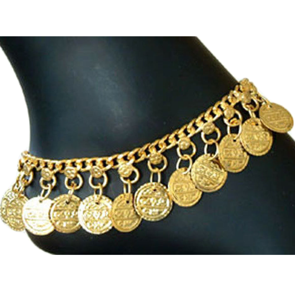 Indian Traditional Belly Dance Ghungroo Gold-Toned Brass Coin Anklet - Ambali Fashion Anklet 