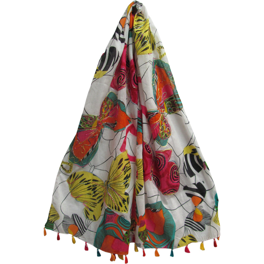 Indian Gauze Cotton w/ Tassels Shimmering Embroidered Long Butterfly Print Scarf JK384 - Ambali Fashion Cotton Scarves 