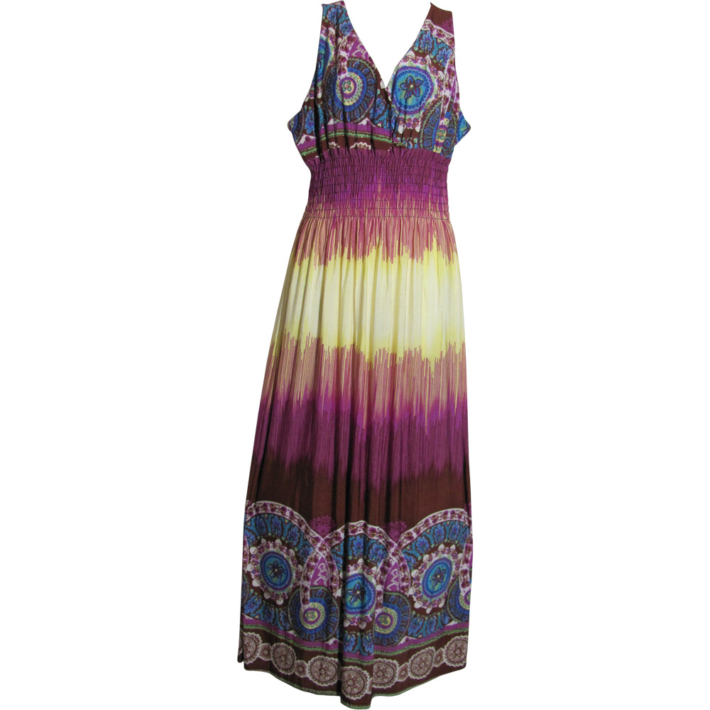 Border Print Smocked Waist Sleeveless Long Silk Maxi Dress Purple - Ambali Fashion Dresses 