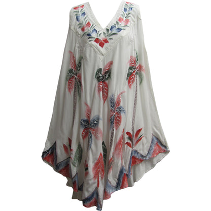 Missy Plus Indian Embroidered Boho Palm Tree White Sleeveless Sundress Caftan - Ambali Fashion Dresses 