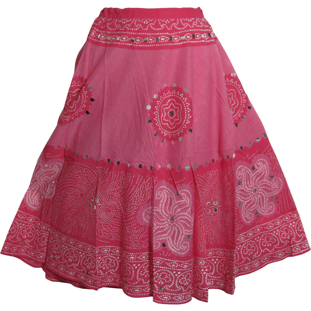 Bohemian Gypsy Indian Cotton Jaipur Bandhej Sequined Tie-Dye Mid Length Skirt Pink - Ambali Fashion Skirts beach, bohemian, casual, eastern, ethnic, gypsy, hippie, summer, trendy